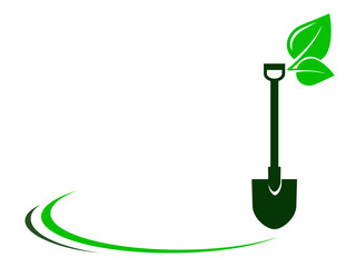 garden background with shovel and green leaf