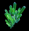 3d emerald green crystal, abstract faceted gem, rough nugget, isolated on black