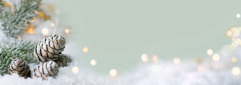 Fototapete - Christmas background  - snow landscape with sparkling lights