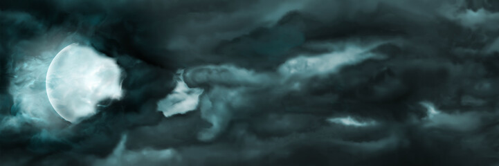 Wall Mural - night sky with the moon and clouds banner. illustration sinister storm night sky
