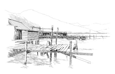 drawing of landscape with old fishing village