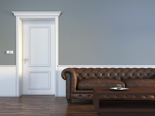 Door with sofa in empty room interior scene