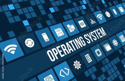 Operating system concept image with technology icons and copyspace ...