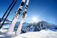 Ski Equipment In High Mountains In Snow At Winter