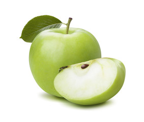Wall Mural - Green apple and quarter leaf isolated on white