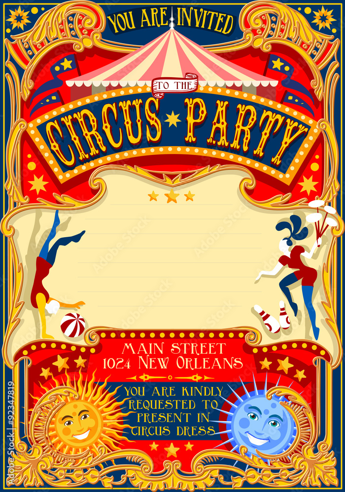 Circus Show Retro Template Party Invitation. Cartoon Poster for Kid Birthday Party. Carnival Festival Theme Background Acrobatics Cabaret Vintage vector. Acrobat Clown Strip Card Game Illustration. Stock Vector | Adobe Stock circus-show-retro-template-party-invitation-cartoon-poster-for-kid-birthday-party-carnival-festival-theme-background-acrobatics-cabaret-vintage-vector-acrobat-clown-strip-card-game-illustration-stock-vector-adobe-stock