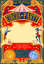 Circus Show Retro Template Party Invitation. Cartoon Poster For Kid Birthday Party. Carnival Festival Theme Background Acrobatics Cabaret Vintage Vector. Acrobat Clown Strip Card Game Illustration.