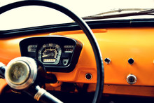 Fragment Of Interior Retro Car With Speedometer, Toggle Switches