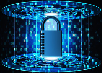 security, privacy, protection and safety data access concept, metallic combination code lock on blue