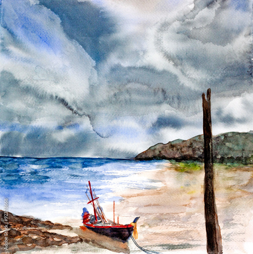 Naklejka na drzwi storm above seascape watercolor painted