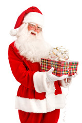 Santa Holding Christmas Present in his Hands on a White Backgrou