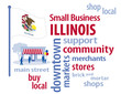 © casejustin - Illinois, small business, USA, Prairie State white flag, state seal, Eagle, motto banner, 'State Sovereignty, National Union',  word cloud, shop local, shoppers on Main Street graphic illustration