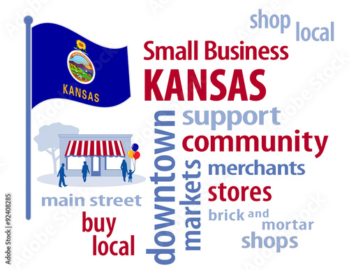 Kansas Small Business Usa Sunflower State Blue Flag Pioneer Life Seal With Motto To The Stars Through Difficulties Word Cloud Shop At Local Business Main Street Shoppers Graphic Illustration Stock Illustration