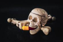 Skeleton Human With Capsule Hard Drug Concept