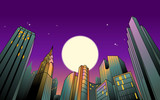 Fototapeta Nowy Jork - Vector illustration of the megalopolis at night,with modern skyscrapers,silhouettes of buildings with lighted windows and a bright moon.Empty space leaves room for design elements or text.Background.