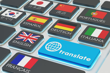 Foreign languages translation concept, online translator, macro view of computer keyboard with national flags of world countries on keys and blue translate button