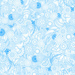 Floral blue background. Seamless texture with flowers and greene
