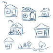 Doodle hand drawn houses. Pencil vector sketch. Dark blue houses