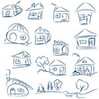 Doodle hand drawn houses. Pencil vector sketch. Dark blue houses