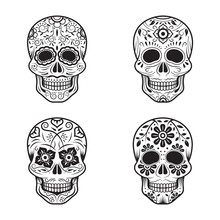 Day Of The Dead Skulls, Black And White Set, White Or Light Background