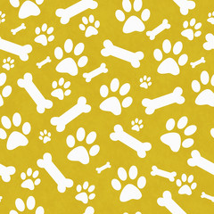 Yellow and White Dog Paw Prints and Bones Tile Pattern Repeat Ba