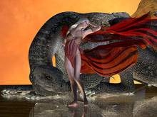 Dragon And Fairy - A Dragon Remains At The Side Of A Fairy In A Red Dress To Protect Her From Any Enemies.