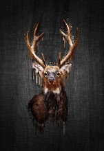 Deer On Dark Background. Paint Effect