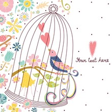 Cute Postcard. Bird In A Cage. Flowers Motif.