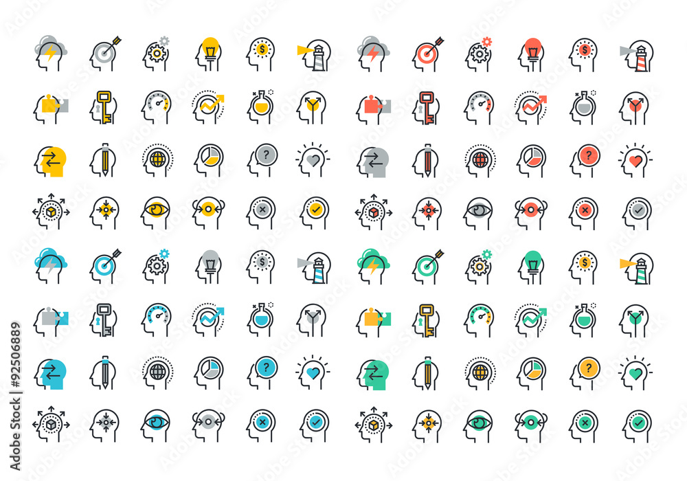 Flat line colorful icons collection of human brain process, people ...