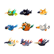 Cute Flying Birds Vector Illustration Set