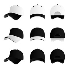 Wall Mural - Black and white baseball cap vector set