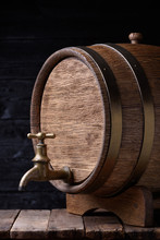 Vintage Old Oak Barrel On Wooden Table Still Life