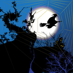 Wall Mural - HIgnt halloween background with witch and spider's web