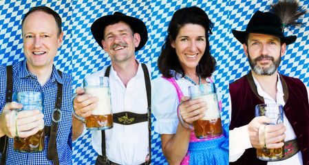 Wall Mural - multiple faces of bavarian people with beer mugs