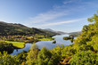 Beautiful summer view across Loch (Lake) Tummel seen from Queen's View, a famous viewpoint. Located near Pitlochry, Perthshire, Scotland, UK. 