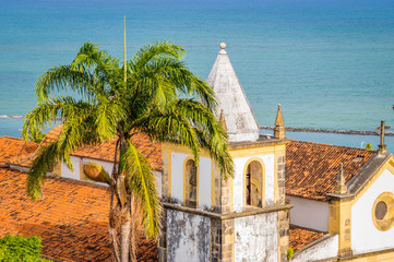 bell tower of an old colonial church by the ocean with a palm tr