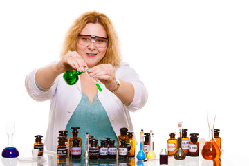 female chemistry student with glassware test flask.