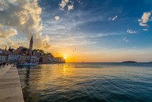 Beautiful Romantic Old Town Of Rovinj With Magical Sunset,Istrian Peninsula,Croatia,Europe