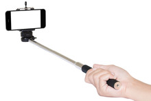 Hand Holding Phone Selfie Stick Isolated With Clipping Path