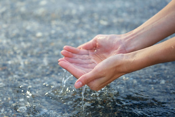 Wall Mural - Female hands touching sea water