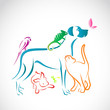 Vector group of pets - Dog, cat, parrot, chameleon, rabbit, butt
