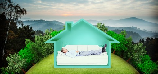 Wall Mural - Composite image of businessman lying on sofa