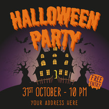 Halloween Party Vector Illustration. Scary Orange Text With Hounted House And Trees In The Background.