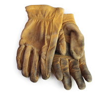 A Pair Of Old Used Leather Working Gloves. Pure White Background, Soft Shadows.