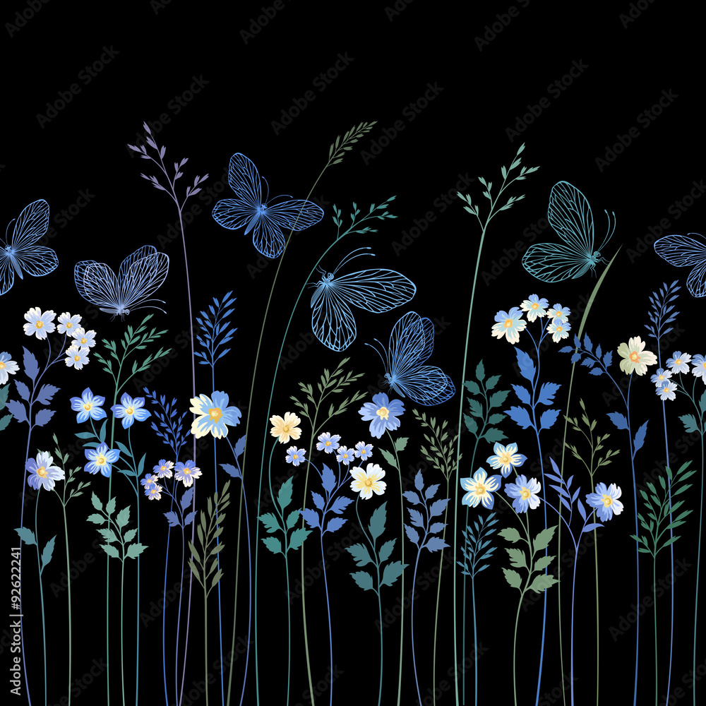 seamless floral border with butterflies Stock Vector | Adobe Stock