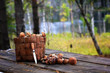 basket boletus mushrooms knife wood retro rustic style vintage wood old