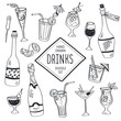 Drinks doodle set. Hand drawn cocktails icons isolated on white background. Doodle beverages collection. Bottles, glass, cocktails. Water, wine and juice.