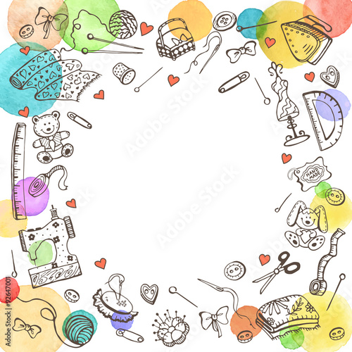 Decorative round frame from craft tools. Doodle illustration. Poster ...