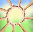 © wolfelarry - group of young people's hands over bright nature background