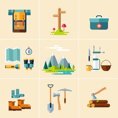 Sticker - Camping Equipment Icons. Flat Design.